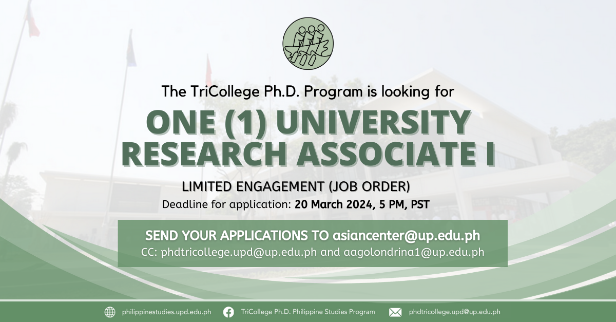 Job Opportunity: University Research Associate I (Non-UP Contractual) @ TriCollege Ph.D. Philippine Studies Program